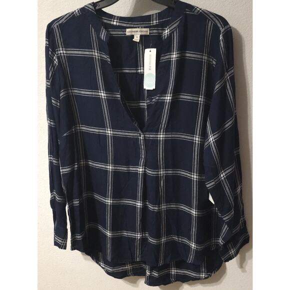 Alexander Jordan Shirt Women's 1X Navy Blue Plaid NWT Feddy Henley Oversized - Picture 2 of 5